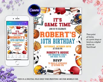 Modello di invito di compleanno sportivo: basket, baseball, football (download digitale 5 x 7 in PDF/JPEG Canva modificabile)