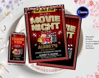 Filmavonden uitnodiging, filmavondfeestthema, filmavondverjaardag, bioscooptheaterfeest, filmverjaardagsfeestje, bewerkbaar in Canva