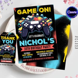 Video Game Birthday Invitation, Gamer Party Invite, Gaming Theme Party, Neon Game On Level Up Gaming Birthday Party Invites, Digital Canva