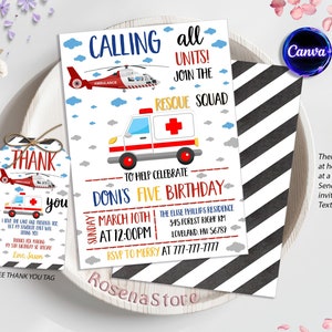 Emergency Vehicles Birthday Invitation, First Responders Theme, Calling All Units Invitation, Editale in Canva