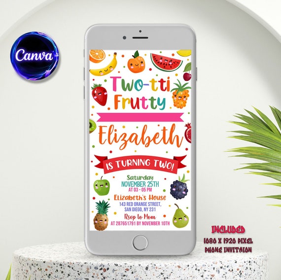 Twotti Frutti Electronic Invitation, Girl's Fruity Birthday Card, Tutti Fruitti Printable Invite, Digital Invitation, Editable in Canva
