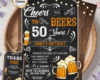 Cheers and Beers Birthday Invitation, Milestone Birthday Invite, Any Age Surprise Party, 30th 40th 50th 60th Invite, Editable Canva Template
