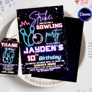 Neon Bowling Birthday Invitation, Glow Bowling Invitation, Neon Glow Party Invitation, Bowling Party Birthday Invite, Instant Download