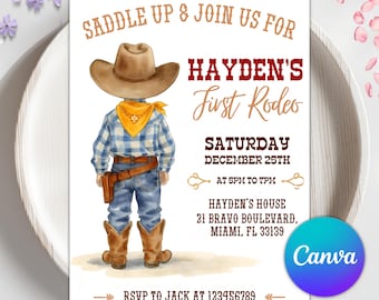 First Rodeo Invitation Template, Wild West Birthday Invite, Boy Cowboy Birthday Invitation, My 1st Rodeo Invitation, Editable Canva
