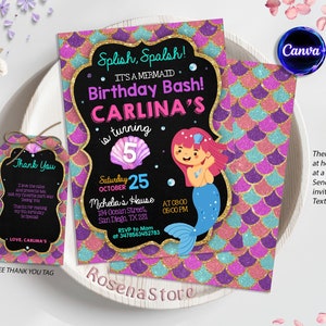 Editable Mermaid Birthday Invitation Template, Little Mermaid, Under The Sea, Magical Pink Purple, Under the Sea Birthday Party
