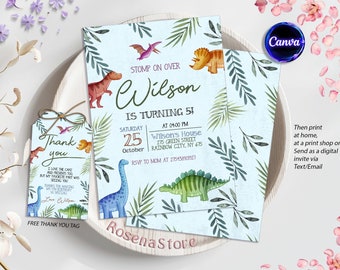 May include: A blue and green dinosaur birthday party invitation with a watercolour background. The invitation says "Stomp on Over Wilson is Turning 5!" with the date and time of the party. It also includes a free thank you tag with a dinosaur design.