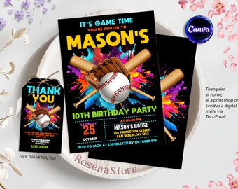 May include: A baseball-themed birthday party invitation with a black background and colorful paint splatters. The invitation features two crossed baseball bats, a baseball, and a glove. The text on the invitation reads "It's Game Time You're Invited to Mason's 10th Birthday Party".