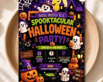 May include: A Halloween party invitation card featuring a block-style construction theme with ghosts, jack-o'-lanterns, a black cat, and a haunted house. The text reads: You're invited to a spooktacular Halloween party, join us if you dare.