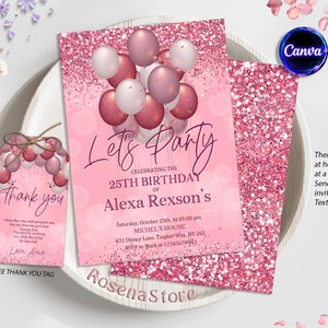 Editable Rose Gold Birthday Invitation, Let's Party Rose Gold Balloons Invite, Women Birthday Invitation, 30th 40th