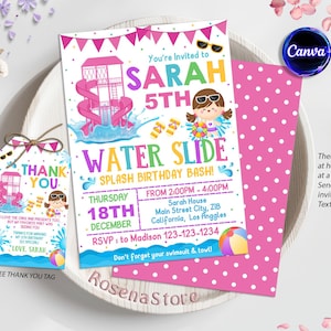 Water Slide Birthday Invitation, Waterslide Birthday Bash Party Invitation, Pink Pool Party Invitation, Editable in Canva
