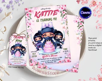 Puede incluir: Una invitación de cumpleaños rosa y blanca con una niña ninja de dibujos animados y el texto "Calling all ninja Kattie is turning 10!" La invitación incluye los detalles de la fiesta, incluida la fecha, la hora y la ubicación. También se incluye una etiqueta de agradecimiento a juego.