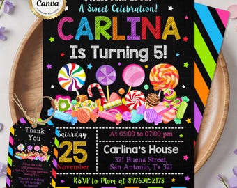 Candyland Birthday Invitation, Sweet Celebration Invite, Girls Candy Party, Lollipop Birthday Card, Rainbow Invite, Editable Canva Template