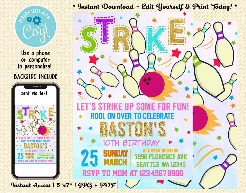 Editable Bowling Party Invitations Bowling Birthday Party Etsy