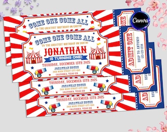 Peut inclure: Invitation de fête de premier anniversaire de Jonathan sur le thème du cirque. L'invitation est de couleur rouge et bleue et représente une tente de cirque bleue et blanche et un canon. Le texte indique "Venez tous au plus grand anniversaire de la Terre ! Jonathan a un an !" et comprend la date, l'heure et le lieu de la fête.
