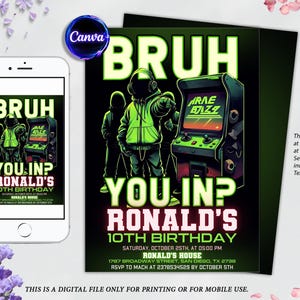 Bruh Birthday Invitation, Arcade Party Invite, Any Age, Gamer Party Birthday Invite, Gaming Theme, Any Age, Editable Canva Template