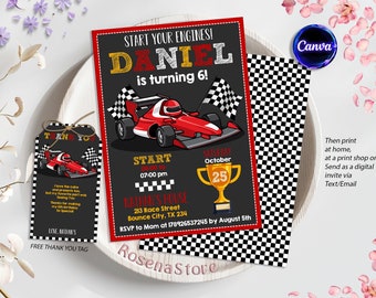 Editable Race Car Birthday Invitation: Canva Template (Digital Download)