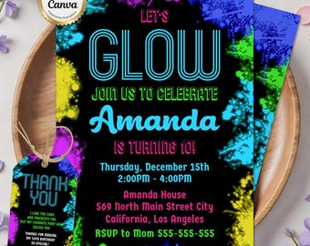Let's Glow Birthday Invitation, Neon Party Invite, Glow in the Dark Party, Kids Glow Birthday Theme Invitation, Editable Canva Template