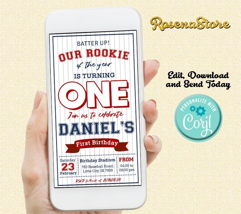 Electronic Baseball Birthday Invitation Boy Rookie of the Year Birthday Sport Birthday Party Editable in Canva