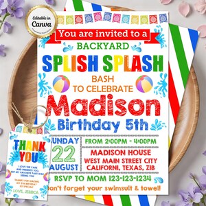 Könnte beinhalten: Eine farbenfrohe Einladung für eine Garten-Geburtstagsparty mit dem Text "SPLISH SPLASH" und "Madison Birthday 5th". Enthält Details wie Datum, Uhrzeit und Ort. Ein passendes Dankeschild ist ebenfalls enthalten.