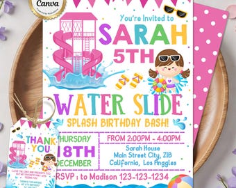 Water Slide Birthday Invitation, Pink Pool Party, Editable Canva Template (Digital Download)