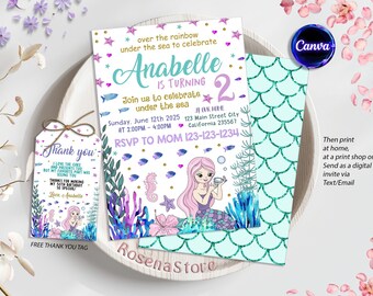 Editable Mermaid Birthday Invitation, Pink Mermaid Invite, Under the Sea Birthday Invitation, Printable Mermaid Invite, Mermaid Invite