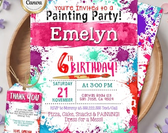 Editable Painting Party Invitation, Paint Party, Art Party Invitation, Pastel Rainbow, Let's Paint and Celebrate Invitation, Canva Template