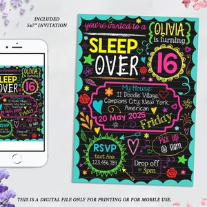 May include: A digital invitation for a 16th birthday sleepover party. The invitation is designed to look like a chalkboard with colorful drawings and text. The text says "You're invited to a Olivia is turning SLEEP OVER 16". The invitation includes the date, time, and location of the party, as well as RSVP information.