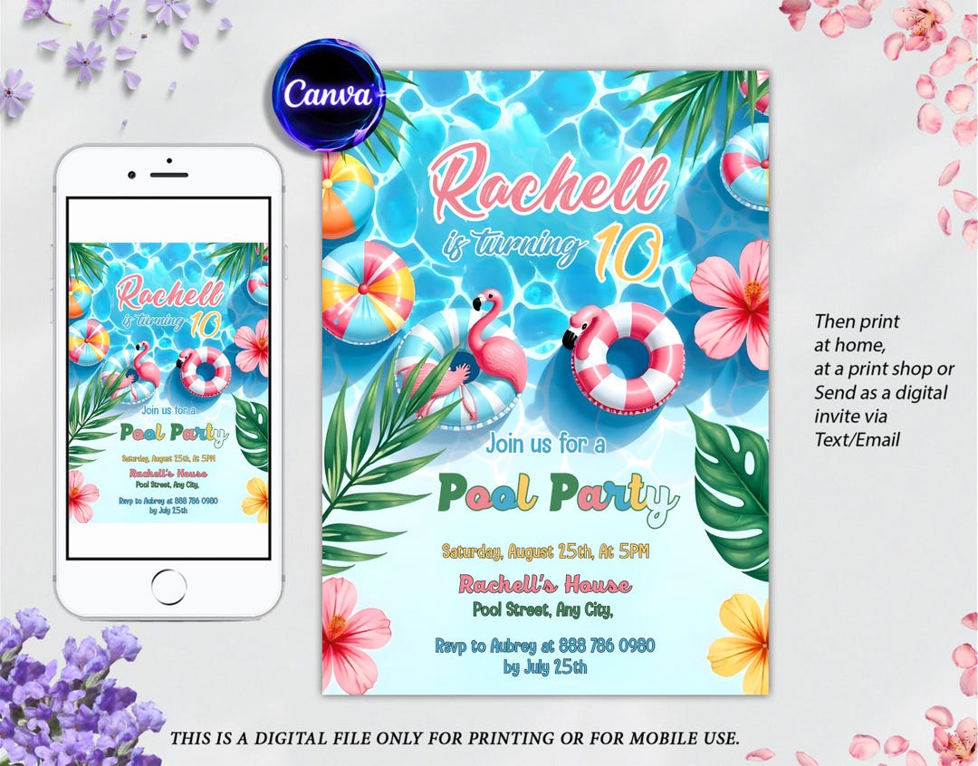 Pool Party Invitation: Tropical Summer Birthday, Editable Canva ...