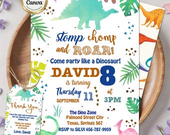 Dinosaur Birthday Invitation, Dino Jungle Party Invite, Stomp Chomp Roar Theme, Kids Dinosaur Birthday, Editable Canva Template