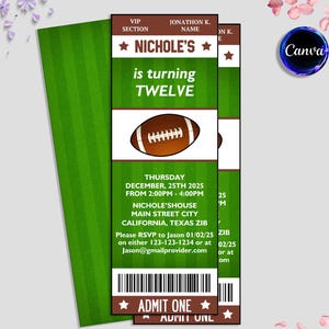Editable Football Ticket Invitation, American Football Birthday Invitation, Sports Ticket Style, Football Party Invitation
