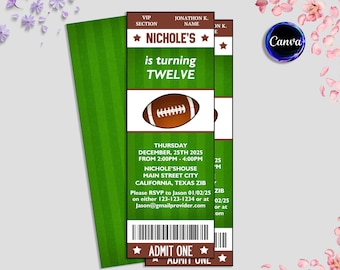 Invitación editable con boleto de fútbol, invitación de cumpleaños de fútbol americano, estilo de boleto deportivo, invitación a fiesta de fútbol