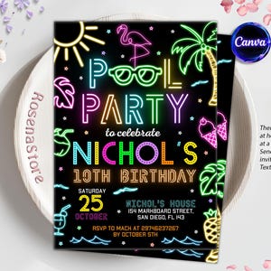 Neon Pool Birthday Invitation, Glow Pool Party Invite, Summer Invitation, Neon Glow Invitation, Splish Splash, Editable Canva Template