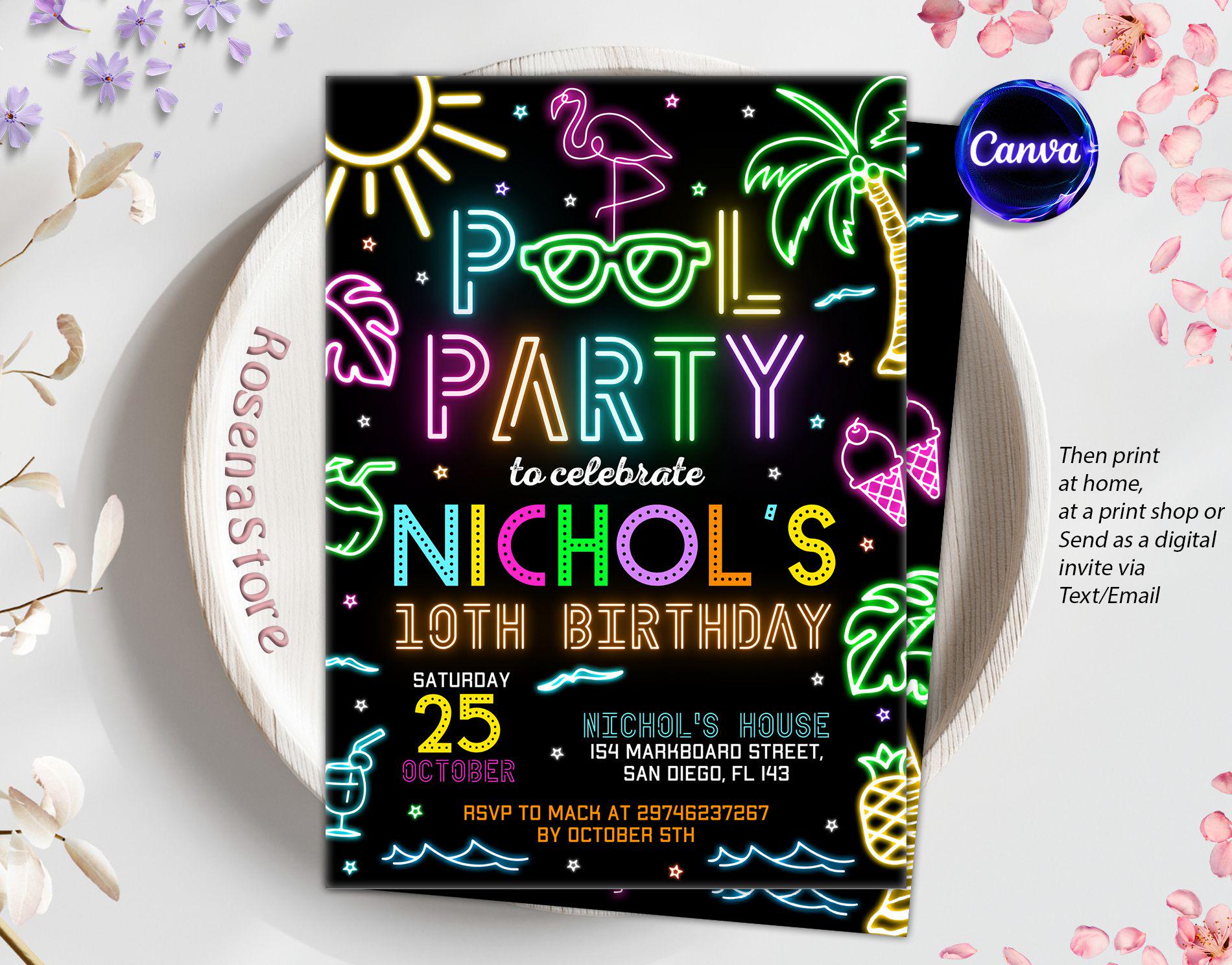 Neon Pool Birthday Invitation, Glow Pool Party Invite, Summer Invitation, Neon Glow Invitation, Splish Splash, Editable Canva Template