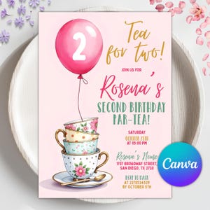 Zaproszenie na urodziny „Herbatka dla dwojga”, przyjęcie z akwarelowymi filiżankami do herbaty, różowy balonik na drugie urodziny, kwiatowy, edytowalny szablon Canva