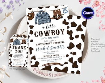 Cowboy Baby Shower Invitation, A Little Cowboy is on the Way Invite, Wild West Western, Outdoors Rodeo Country, Canva Template