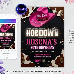 Western Hoedown Birthday Party Invitation, Cowgirl Birthday Invite, Pink Cowgirl Birthday Party, Rodeo, Nashville, Editble Canva Template