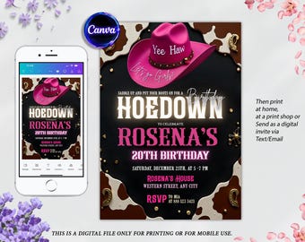 Pink Cowgirl Birthday Invitation: Western Hoedown, Editable Canva Template (Digital Download 5x7 in