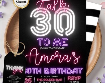 Talk 30 to Me Birthday Invitation, 30th Birthday Neon Sign Invite, Dirty 30 Glow Party, Elegant Pink Purple Neon, Editable Canva Template