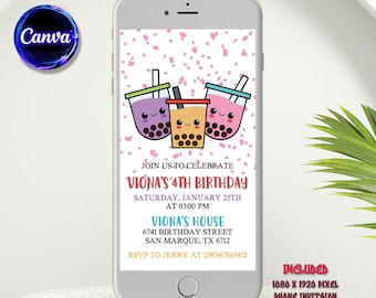 Editable Electronic Invitation, Birthday Party Invitation, Kids Invitation, Modern Invite, Boba Tea Birthday Party Invitation