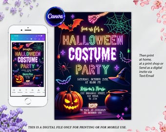 Invitación de Halloween con neón editable, plantilla brillante, invitación de Halloween, invitación de Halloween espeluznante, fiesta de disfraces espeluznante