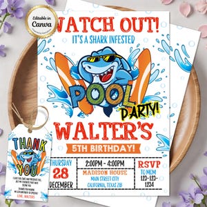 Shark Birthday Invitation, Jawsome Pool Party Invite, Shark Infested Summer Celebration, Shark Surfboard Invitation, Editable Canva