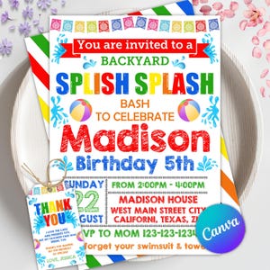 Invito per festa in piscina Splish Splash, festa di compleanno in giardino (modello Canva modificabile)