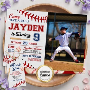 Baseball Invite,Photo Invitation,Come Have a Ball,9th Birthday Boy,Sports Birthday,Baseball Party,Rookie of Year,Major League,Editable Canva,Digital Download,Baseball Bat,All Star Party,Personalized Invite