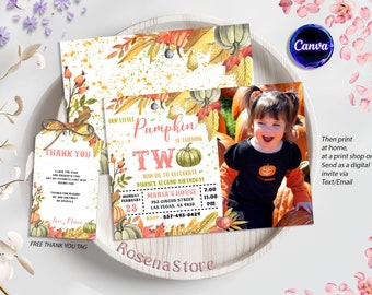 May include: A printable invitation for a second birthday party with a pumpkin theme. The invitation features a watercolor illustration of pumpkins, leaves, and a cute little girl. The text on the invitation reads "Our little Pumpkin is turning Two. Join us to celebrate Maria's second birthday!" The invitation also includes the date, time, and location of the party.