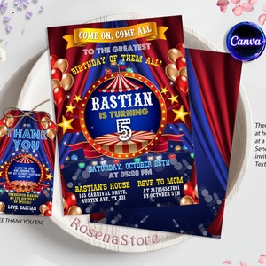 Bewerkbare carnaval verjaardagsuitnodiging sjabloon, Circus verjaardagsuitnodiging, Carnaval uitnodiging, Carnaval circus bedankje tag