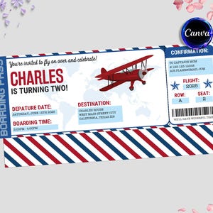 May include: A red, white, and blue airplane boarding pass invitation for a child's second birthday party. The invitation features a red airplane with a blue propeller and a world map background. The text on the invitation reads "You're invited to fly on over and celebrate! Charles is turning two!" and includes the date and time of the party. The confirmation section of the invitation includes the flight number, row, and seat number.
