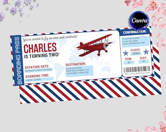 Editable Plane Birthday Ticket Invitation, Airplane Ticket Invite, Boarding Pass, Plane Tickets, Airplane Ticket Gift Card
