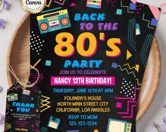 80s Birthday Invitation, Throwback Party Invite, Back to the 80s, Retro Birthday Party Theme, Neon Glow Dance, Editable Canva Template