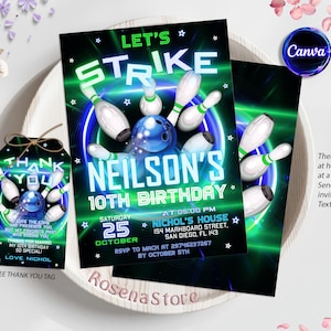 Editable Neon Bowling Invitation, Bowling Birthday Party Invitation, Glow Bowling Party Invite, Neon Glow Party Invitation, Instant Download