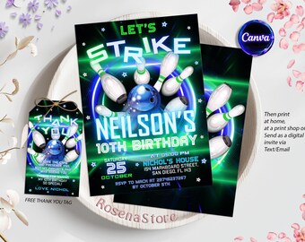 Editable Neon Bowling Invitation, Bowling Birthday Party Invitation, Glow Bowling Party Invite, Neon Glow Party Invitation, Instant Download